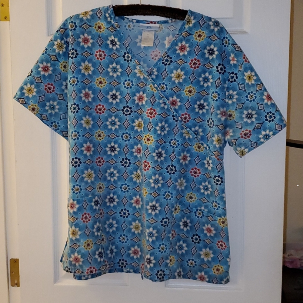SB Scrubs Mock-Wrap Top Teal Floral Print